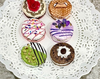 Faux Handmade Set of SIX Decorated Macarons Tiered Tray Decor