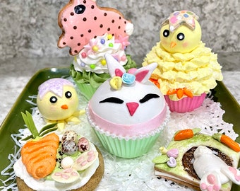 Faux Easter Set of Cupcakes & Cookies Tiered Tray Bakery Decor
