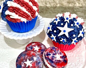 SALE Fake Macarons & Cupcakes Independence Day Patriotic Tiered Tray Decor