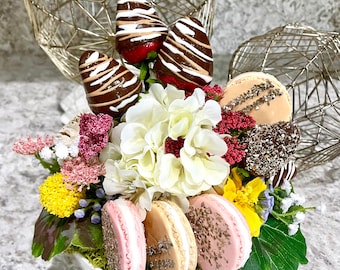 Mother's Day Gift Floral Arrangement With Faux French Macaron's & Faux Chocolate Dipped Strawberries