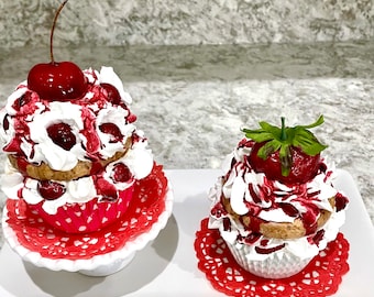 Faux Strawberry / Cherry shortcake Cupcakes Tiered Tray Kitchen Decor Set of Two