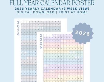 2026 Full Year Calendar (2 Week View) | year planner, digital download, school calendar, 2026 year poster, academic planner