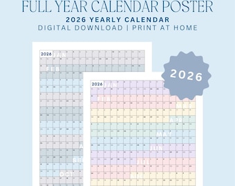 2026 Ganzjahreskalender | Posterkalender, Jahresplaner, digitaler Download, Schulkalender, 2026 Jahresplaner, Schulplaner