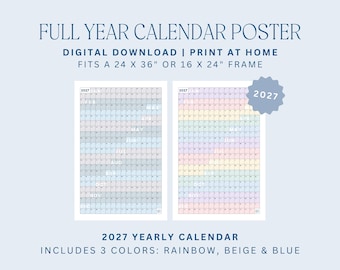 Calendario anual 2027 / calendario tipo póster, planificador anual, descarga digital, calendario escolar, póster del año 2027, planificador académico