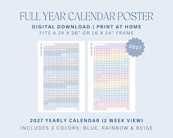 Calendario anual 2027 (vista de 2 semanas) / planificador anual, descarga digital, calendario escolar, póster del año 2027, planificador académico