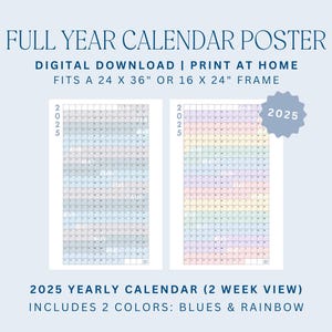 Calendario completo del año 2025 (vista de 2 semanas) / planificador anual, descarga digital, calendario escolar, póster del año 2024, planificador académico