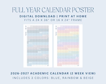 Calendario académico 2026-2027 (vista de 2 semanas) / planificador anual, descarga digital, calendario escolar, póster del año 2026-2027, planificador académico