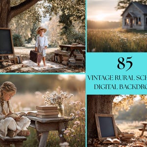 Könnte beinhalten: Ein zusammengesetztes Bild mit vier Vintage-Szenen. Dazu gehören ein Kind mit einem Koffer, ein Schulhaus, ein lesendes Mädchen und eine Tafel. Der Text "85 Vintage Rural School Digital Backdrops" wird auf türkisfarbenem Hintergrund angezeigt.