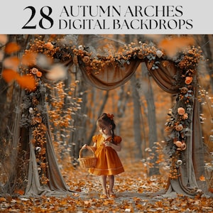 May include: A young girl in a yellow dress stands in a forest setting with a floral archway made of fall foliage and fabric. She is holding a basket and looking down at the ground. The background is a blurred image of trees and leaves.