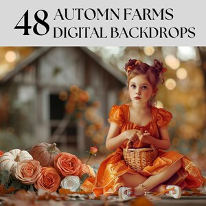 May include: A young girl in a bright orange dress sits on a bed of autumn leaves with a basket of flowers. The background is a rustic wooden building with a blurred background of fall foliage and lights.