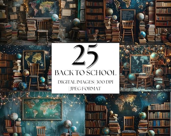May include: A set of 25 digital back to school images featuring stacks of books, globes, and vintage chairs in a variety of settings. The images are 300 DPI and in JPEG format.