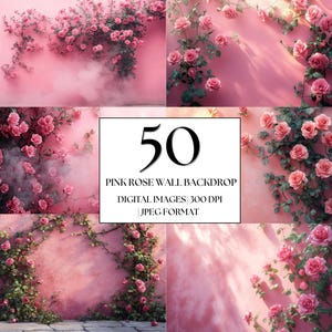 50 Pink Rose Wall Backdrops, Floral Backdrops, Pink Smoke Studio, Pink Backgrounds, Pink Floral wall Portrait Photo Overlay for Photoshop