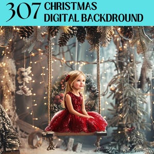 May include: A young girl in a red sparkly dress sits on a swing in a snowy winter wonderland setting. The background is decorated with twinkling lights and pine trees.
