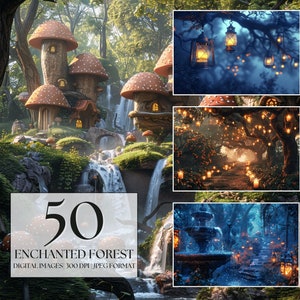 50 Enchanted Forest Digital Background, Mushroom Houses Digital Backdrop, Fairy Forest Backdrop, Forest Waterfall Backdrop Magical Forest