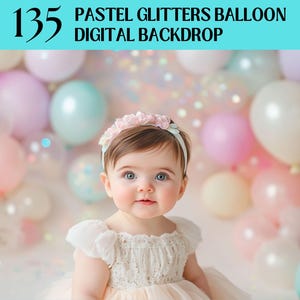 135 Sfondo digitale con palloncini pastello, Sfondo con palloncini glitterati pastello, Sfondo con palloncini di compleanno pastello per ragazze, Sfondo per fotografia di bambini