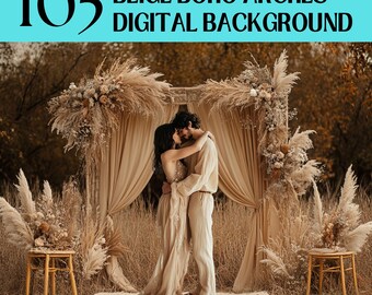 Beige Boho Arch Digital Backdrop, Floral Photography Background (Digital Download)