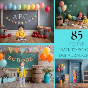Festive Back to School Digital Backdrop - Graduation Backdrop with Pencils, Chalkboard, Banners – Colorful Classroom Digital Backdrops