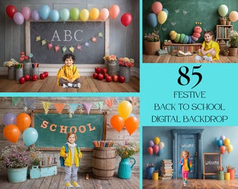 Feestelijke digitale achtergrond terug naar school: fotorekwisiet in de klas (JPG-download 7000 x 5000 px)
