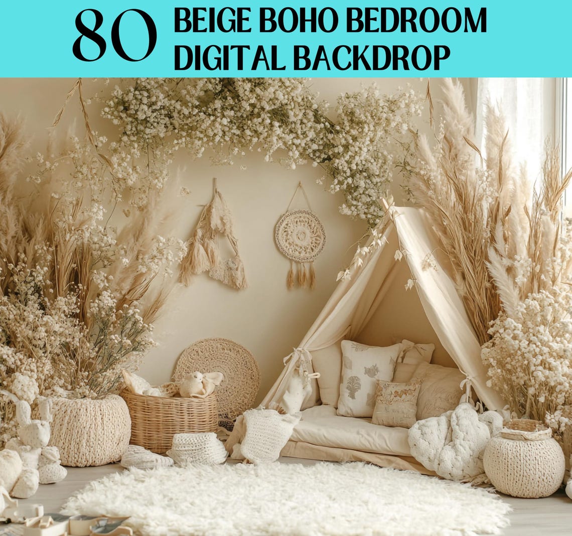 80 Beige Boho Bedrooms Digital Backdrop, Beige Digital Backdrop, Beige ...