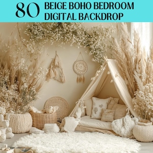 Puede incluir: Un telón de fondo de dormitorio boho beige con una tienda de campaña tipi con almohadas, una alfombra blanca esponjosa y una variedad de flores y plantas secas. El telón de fondo es perfecto para la fotografía de recién nacidos, bebés o niños.