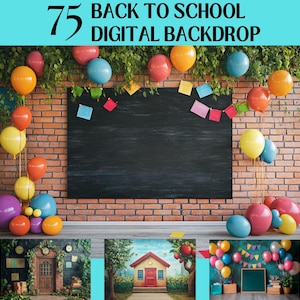 Può includere: Uno sfondo digitale con un muro di mattoni, una lavagna, palloncini colorati e vegetazione. La lavagna ha il testo "75 Back to School Digital Backdrop".