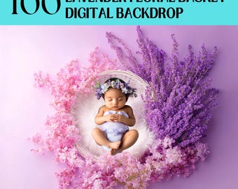 Lavender Floral Newborn Basket Digital Backdrop (100+ JPEG Files)