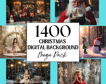 May include: A digital product listing for 1400 Christmas digital backgrounds. The image shows a collage of five different Christmas scenes, including a snowy forest, a storefront with lights, a Santa Claus holding a snow globe, and a child standing in front of a snowman.