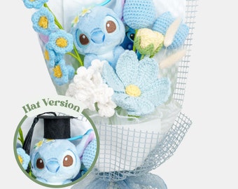 Grazioso bouquet di fiori all'uncinetto fatti a mano con tema blu, peluche / regalo di laurea / regalo di compleanno / regalo di San Valentino / lavoro a maglia