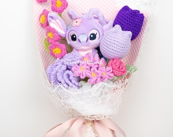 Lindo ramo de flores de peluche de ganchillo con temática morada y azul. Regalo de graduación, cumpleaños y San Valentín.