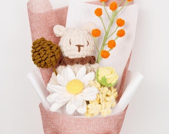 Ramo de flores de crochet hecho a mano con osito de peluche