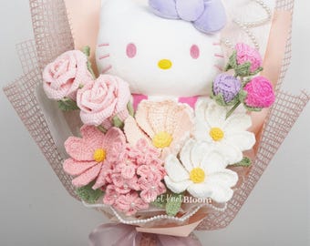 Cute Crochet Flowers In Pink Theme With Large Kitty Plushie Bouquet / Graduation Gift / Birthday Gift / Valentine's Day Gift / Knitted Craft