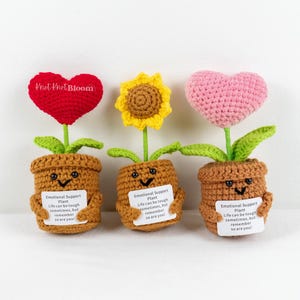 2PCs Crochet Sunflower Love Heart In Pot Gift Set / Positive Emotional Support Cheer Up / Desk Decor / Xmas Birthday Gift Best Friend Gift