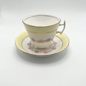 Vintage Phoenix Bone China Yellow Teacup and Saucer, Numbered, Hand-Painted  Pink & Lavender Flowers,