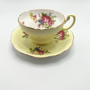 Vintage Foley 1850 EB Fine Bone China Tea Cup and Saucer, Numbered Yellow with Gold Trim & Floral Design, Made in England