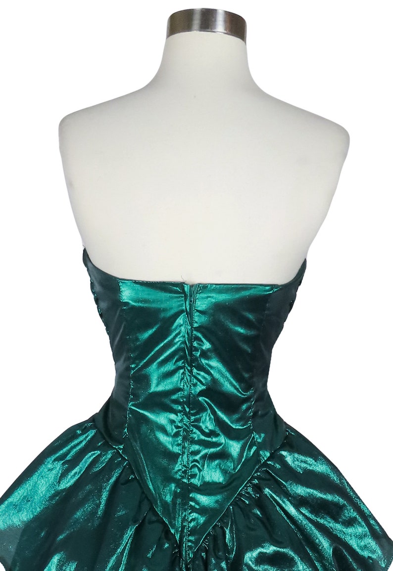 Vintage 80s Metallic Green Lamé Foil Strapless Ruched Peplum Full Skirt Ballgown Prom Party Dress Ball Gown XS S Extra Small image 9