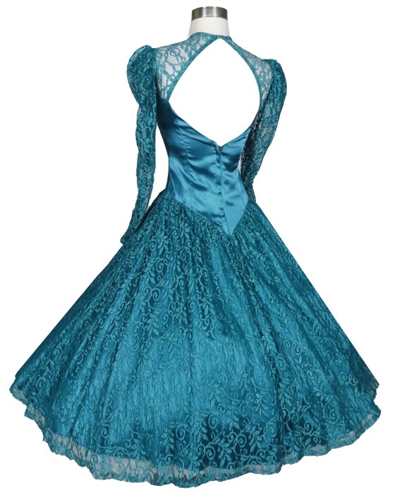 Vintage 80s 40s Teal Blue Green Lace Satin Prom P… - image 7