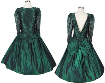 Vintage 80s Prom Party Dress XXL 1X Plus Size Volup Green Black Lace Taffeta Full Skirt Long Formal Gown Puff Sleeve LORALIE Dance Costume