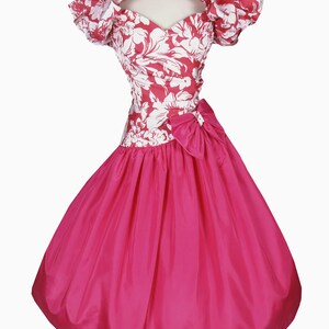 Vintage 80s Prom Party Dress S Small Pink White Taffeta Hawaiian Style Tropical Floral Print Ruffle Big Bows Full Skirt Womens Dance Costume image 2