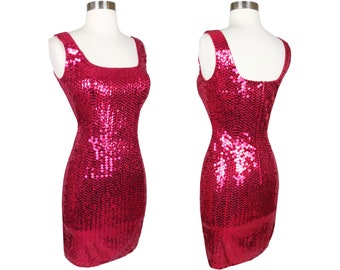 Vintage 80s 90s Red Sequin Prom Cocktail Party Dress XS S Extra Small Stretch Body Con Bodycon Stretchy Sleeveless AJ Bari Womens Mini Skirt