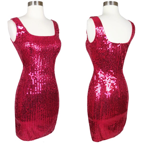 Vintage 80s 90s Red Sequin Prom Cocktail Party Dress XS S Extra Small Stretch Body Con Bodycon Stretchy Sleeveless AJ Bari Womens Mini Skirt