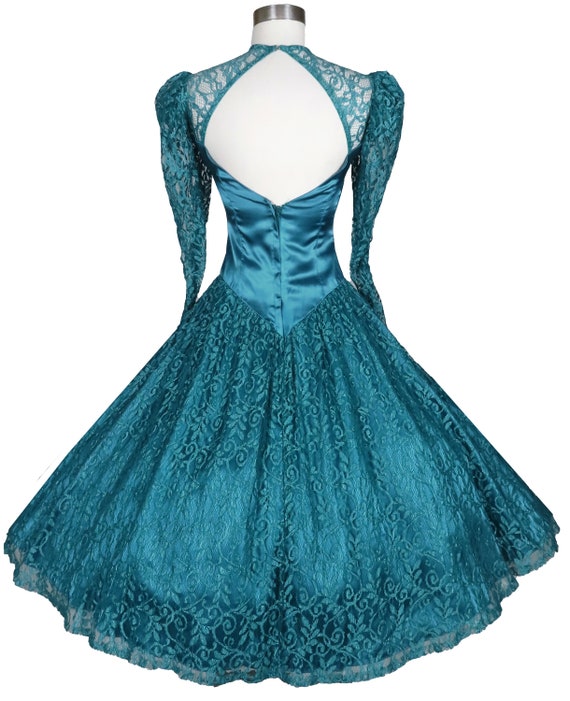 Vintage 80s 40s Teal Blue Green Lace Satin Prom P… - image 3