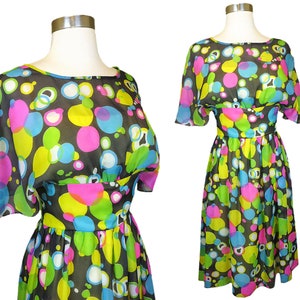 Vintage 50s 60s Polka Dot Chiffon Dress XS Extra Small Floaty Cocktail Party Pink Blue Yellow Womens Circus Clown Clowncore Big Bold Print
