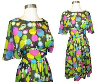 Vintage 50s 60s Polka Dot Chiffon Dress XS Extra Small Floaty Cocktail Party Pink Blue Yellow Womens Circus Clown Clowncore Big Bold Print