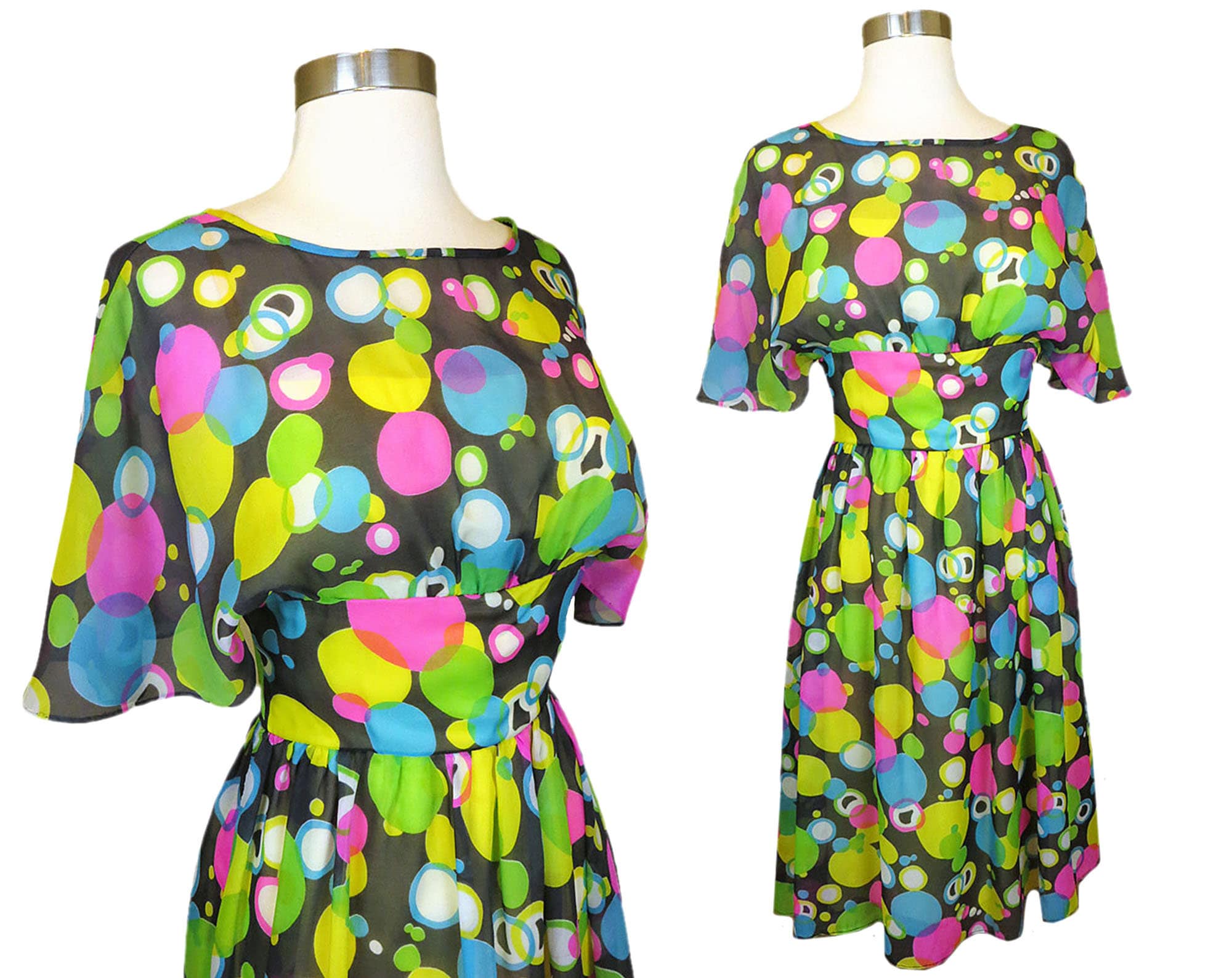 【7-9号】 60’sUSA製VINTAGEドレスエンジ/青水玉ダンスパーティ ヴィンテージ 50年代 60年代 水玉模様 シフォン ドレス XS エクストラ