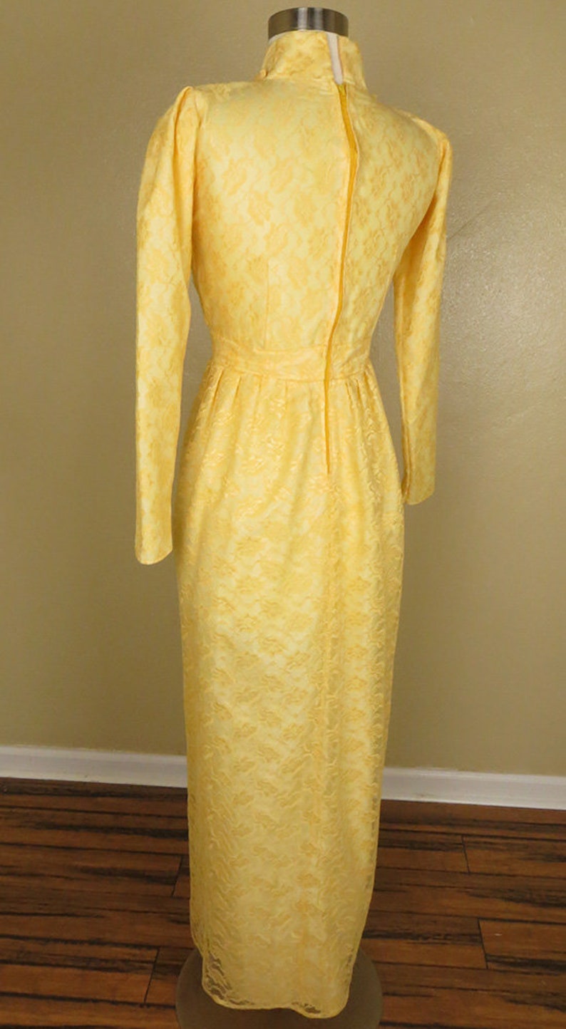 Cottage Core Vintage 70s MAXI Dress S Small YELLOW LACE Long Sleeve High Neck Empire Waist Hippy Hippie Boho Bohemian Sunshine Cottage Core