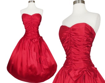 Vintage 80s Red Satin Prom Party Dress XS Extra Small Strapless Full Skirt Ruched Big Bow Glam Cocktail Formal Womens Holiday Valentines Day