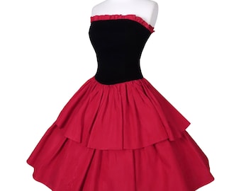 Sukienka na bal maturalny z lat 80. z falbanką z czarnej aksamitnej czerwonej tafty, bez ramiączek, z rozkloszowaną spódnicą, rozmiar S, z małym dekoltem HoCo Homecoming Glam Dance Costume