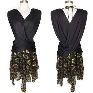 Vintage 80s Black Draped Metallic Gold Floral Sheer Lace Skirt Cocktail Party Prom Dress S Small M Medium Glam Hanky Hem Handkerchief Womens