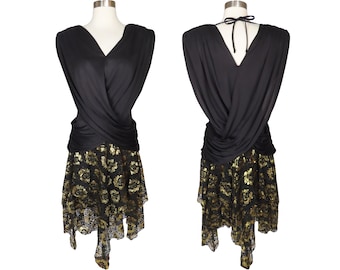 Vintage 80s Black Draped Metallic Gold Floral Sheer Lace Skirt Cocktail Party Prom Dress S Small M Medium Glam Hanky Hem Handkerchief Womens