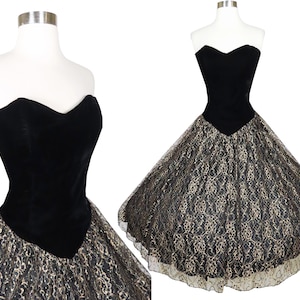 Vintage 80s 50s Black Velvet Strapless Gold Metallic Lace Full Skirt Prom Party Dress S M Small Medium Swing Dance Rockabilly Pinup Smocked